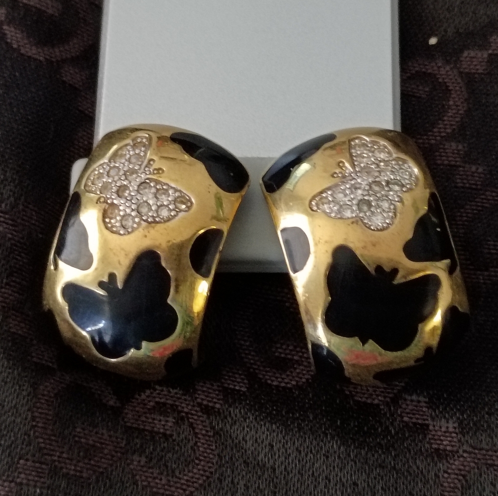 ❤️VINTAGE PIERRE LANG Gold Crystal Black Enamel Butterfly Clip Earrings
